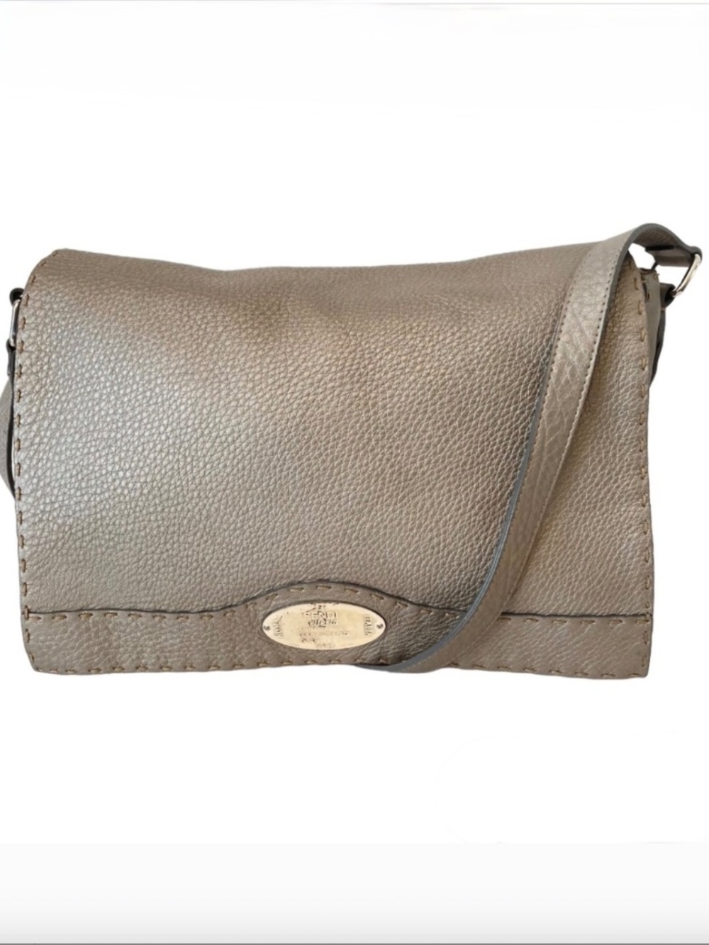 FENDI Selleria Gray/Silver Crossbody Shoulder Flap Bag Leather
